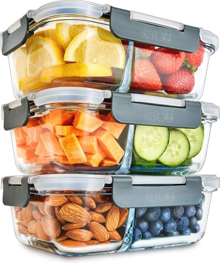 Glazen Meal Prep Containers met 2 Compartimenten Luchtdichte Voedselopslag voor Gezond Eten BPA Vrij en Vaatwasserbestendig (3 Stuks)