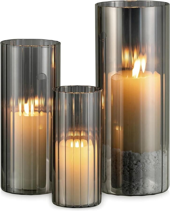 Glazen Orkaan Kaarshouder Set Van 3 Grijs Zwarte Kaarshouders Voor Pilaar Kaarsen Cilinder Kaarshouder Vazen Voor Decor Vlottende Kaarshouders Voor Woonkamer Home Tafels Decoratie
