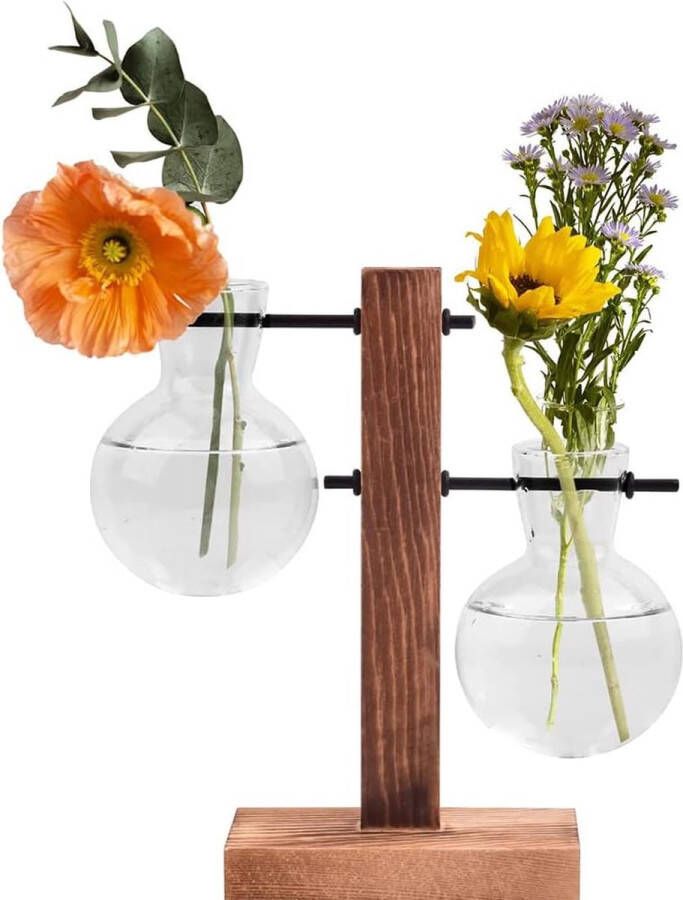 Glazen plantenpot uienvaas hangvaas bloemenvaas planten desktopglas hydrocultuur glas retro houten glas decoratieve houten houder met hydrocultuur voor thuis eettafel bureau