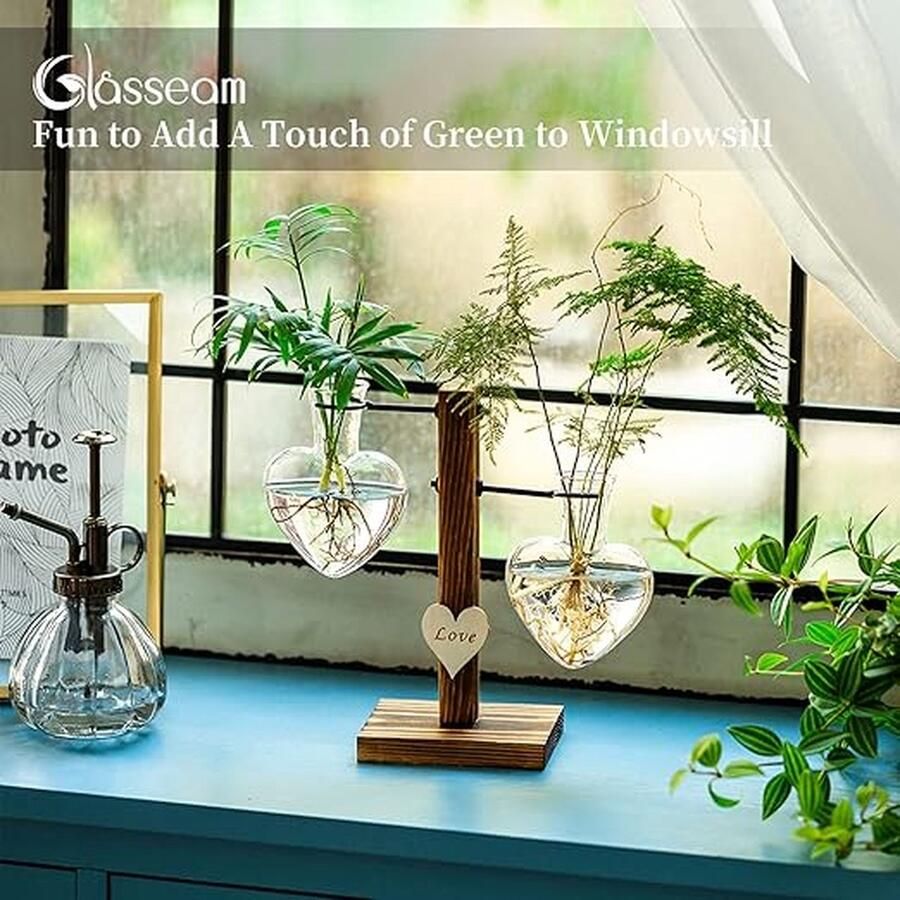 Glazen plantenterrarium met houten standaard glazen en dubbele hartvormige creatieve hydrocultuurvazen modern plantenkweekstation plantenvaas voor bureau bolvaas voor binnenshuis of in tuin