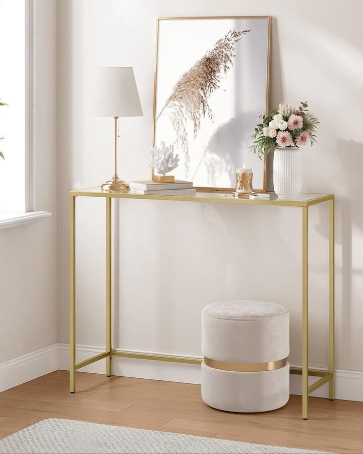 Rootz Living Rootz Glazen Stalen Console Tafel Licht Goud Transparant Ingangstafel Salontafel Gehard Glas Stevig Stalen Frame Modern Design 20cm x 100cm x 80cm