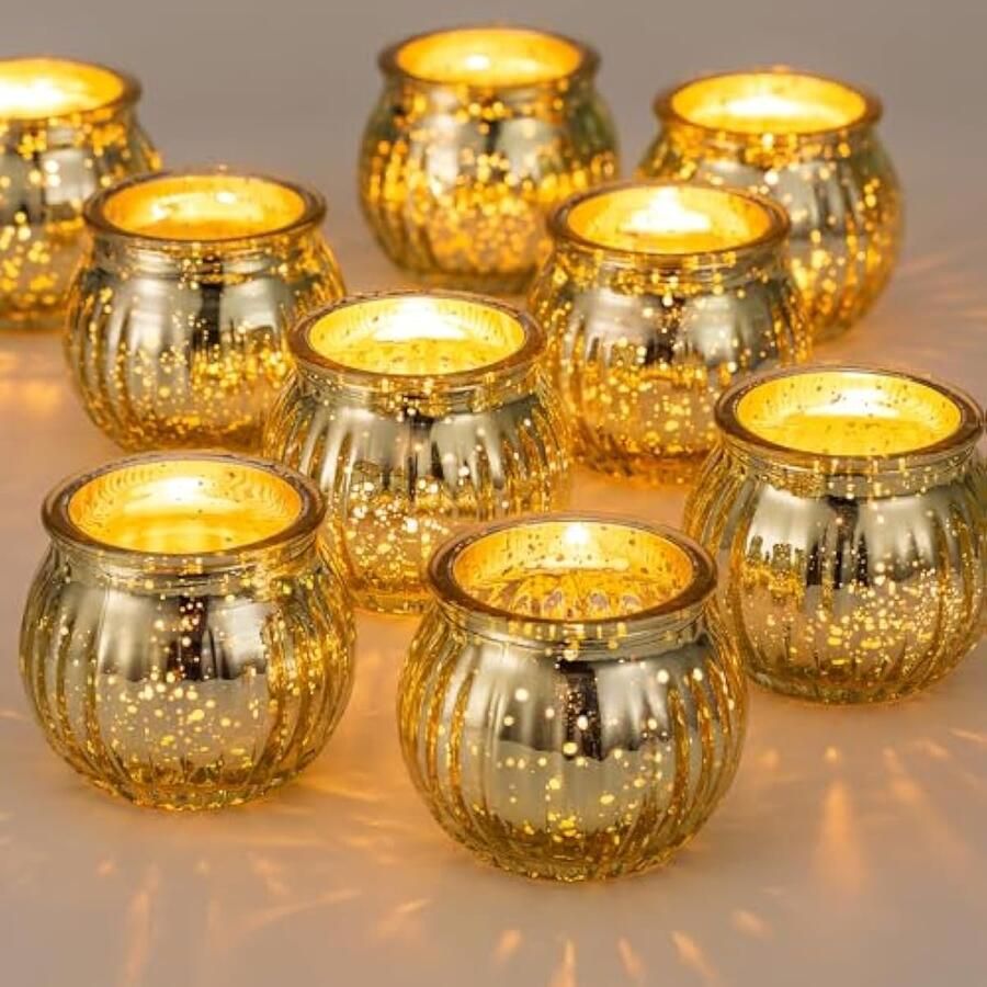 Glazen Theelichthouder Goud 12 stuks Kleine Pompoen Kerstmis Kwik Theelichthouders Set Geribbelde Votief Kaarsen Bruiloft Partij Woonkamer Tafel Centrastukken Halloween Ornament