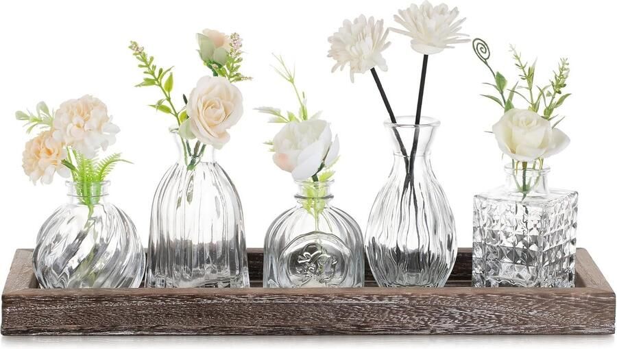 Glazen Vaas Voor Woonkamer 5 Duidelijke Knop Vazen Houten Dienblad Home Office Bruiloft Tafel Centrepiece Elegante Kleine Bloemvaas Set Verjaardagscadeau