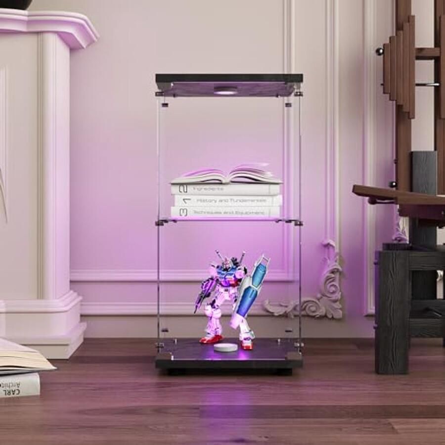 Glazen vitrinekast met ledverlichting en slot 2 lagen zwart