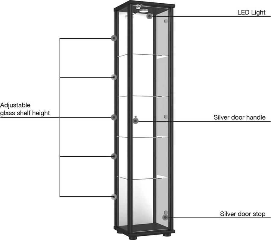 Glazen Vitrinekast Zwart met Verstelbare Leggers Spiegel en LED Verlichting Ideaal voor Verzamelobjecten