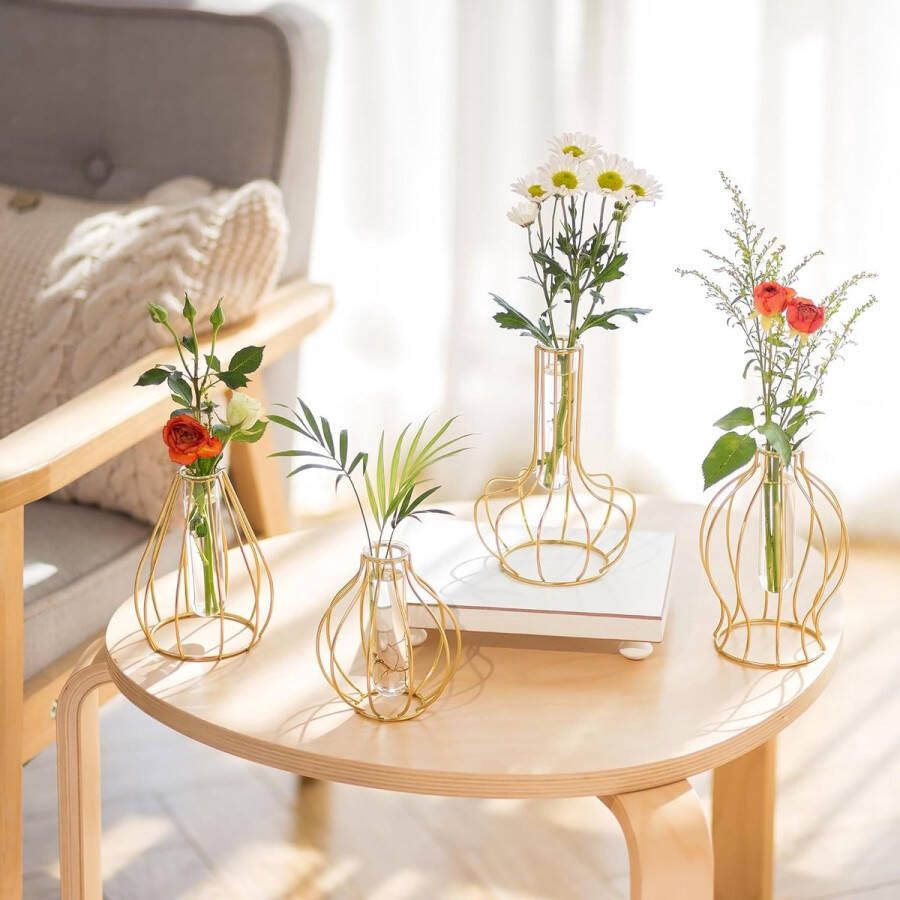 Glazen voortplantingsstation met metalen frame Mini gouden geometrische vazen Set van 4 bloemenvaas met modern frame voor hydrocultuurplanten Kleine decoratieve knopvaas voor tafel Bruiloft middenstukken