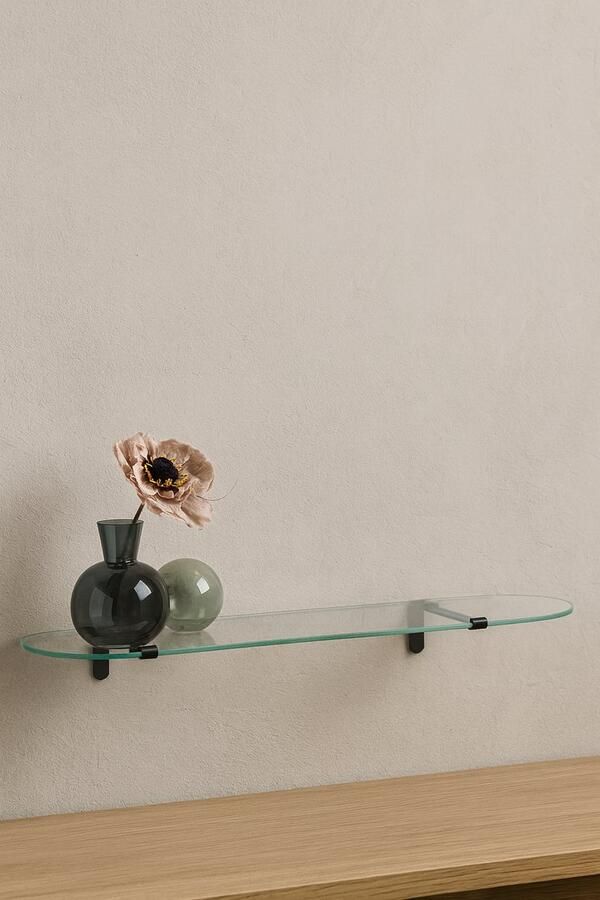 Glazen Wandplank – Transparant Glas – L59 × B13 5 × H6 cm – Moderne Wandplank met Bevestigingsbeugels – Minimalistisch Design voor Woonkamer of Badkamer