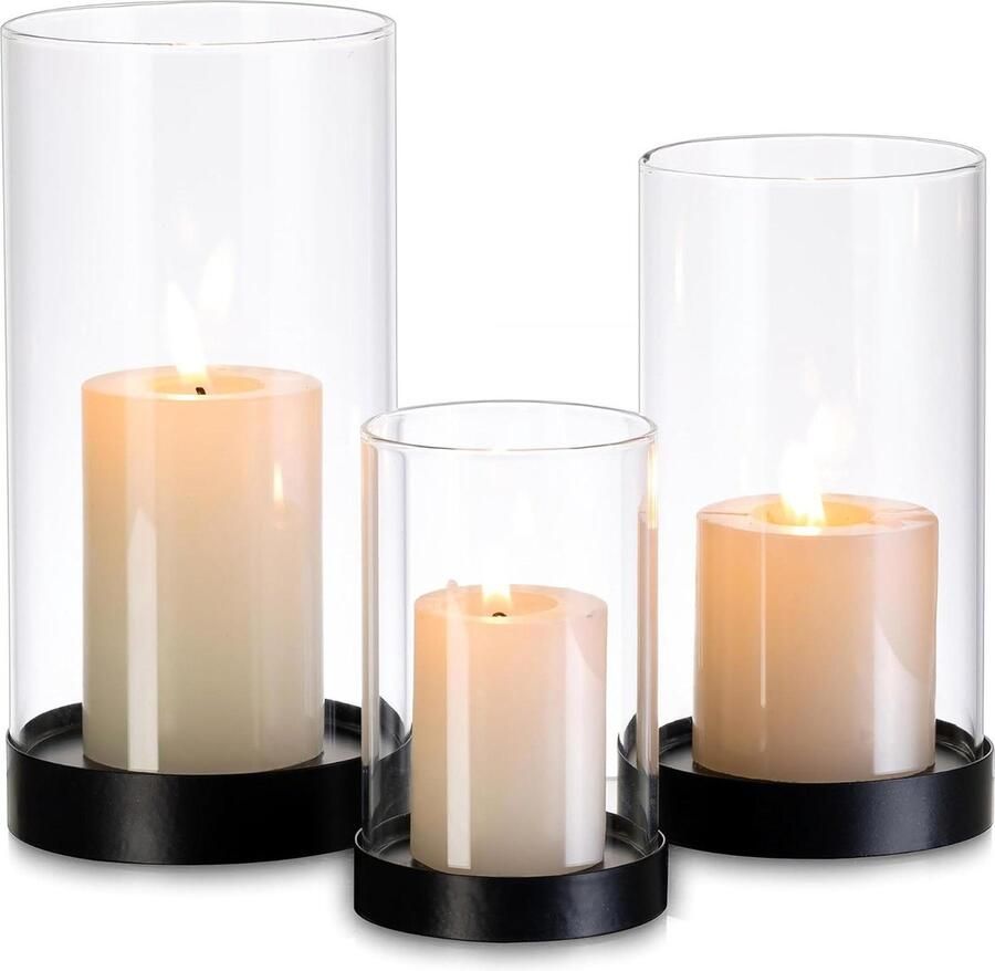 Glazen windlicht kandelaar set tafeldecoratie eettafel stompkaarsen kaarsglas grote cilinder buiten bruiloft woonkamer decoratie