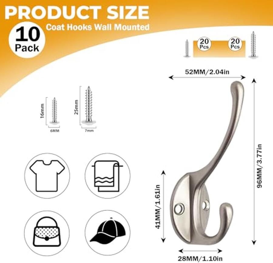 GlazieVault Satijnnikkel Wandkapstokken 10 stuks Robuuste wandkapstokken Premium Design Wandhaken Roestvrije Deurophanghaken