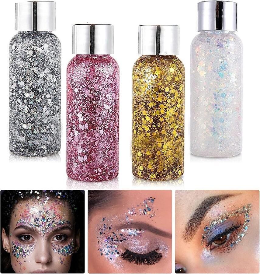 Glitter Gel Set 4 Flessen voor Gezicht Lichaam Haar en Nagels Cosmetica Festival Kit met Chunky Glitter Zeemeermin Pailletten