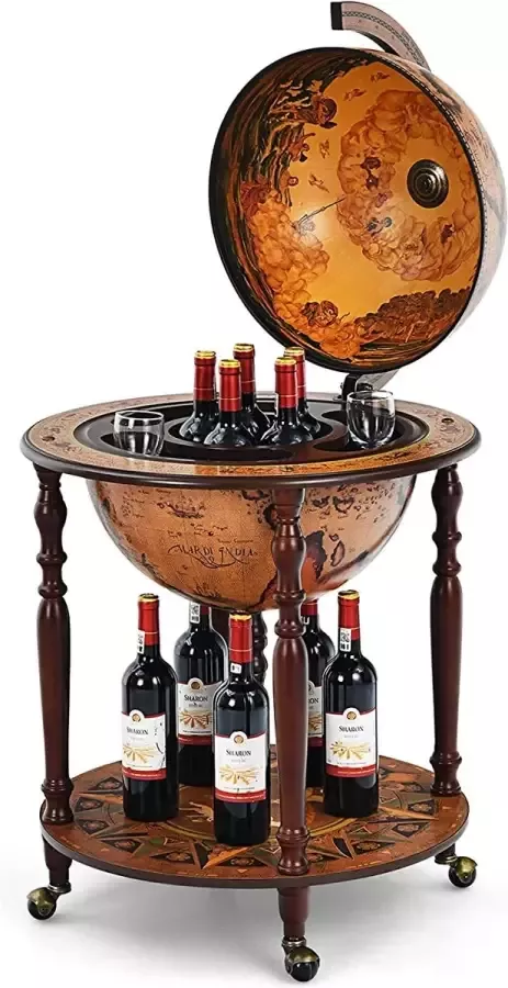 Globusbar barkast barwagen met wielen en deksel huisbar servicewagen wereldbol wijnkast voor flessen tafelbar minibar voor keuken woonkamer eetkamer