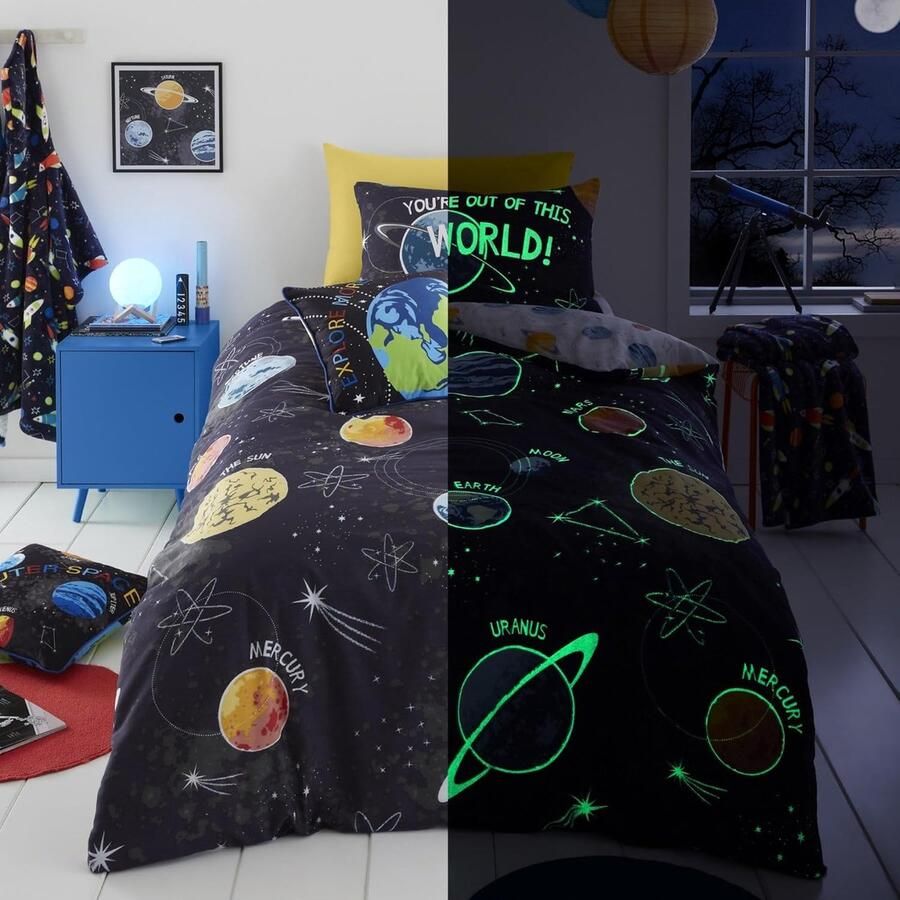 Glow in the Dark Dekbedovertrek Set Eenpersoonsbed in Zwart met Ruimte Thema
