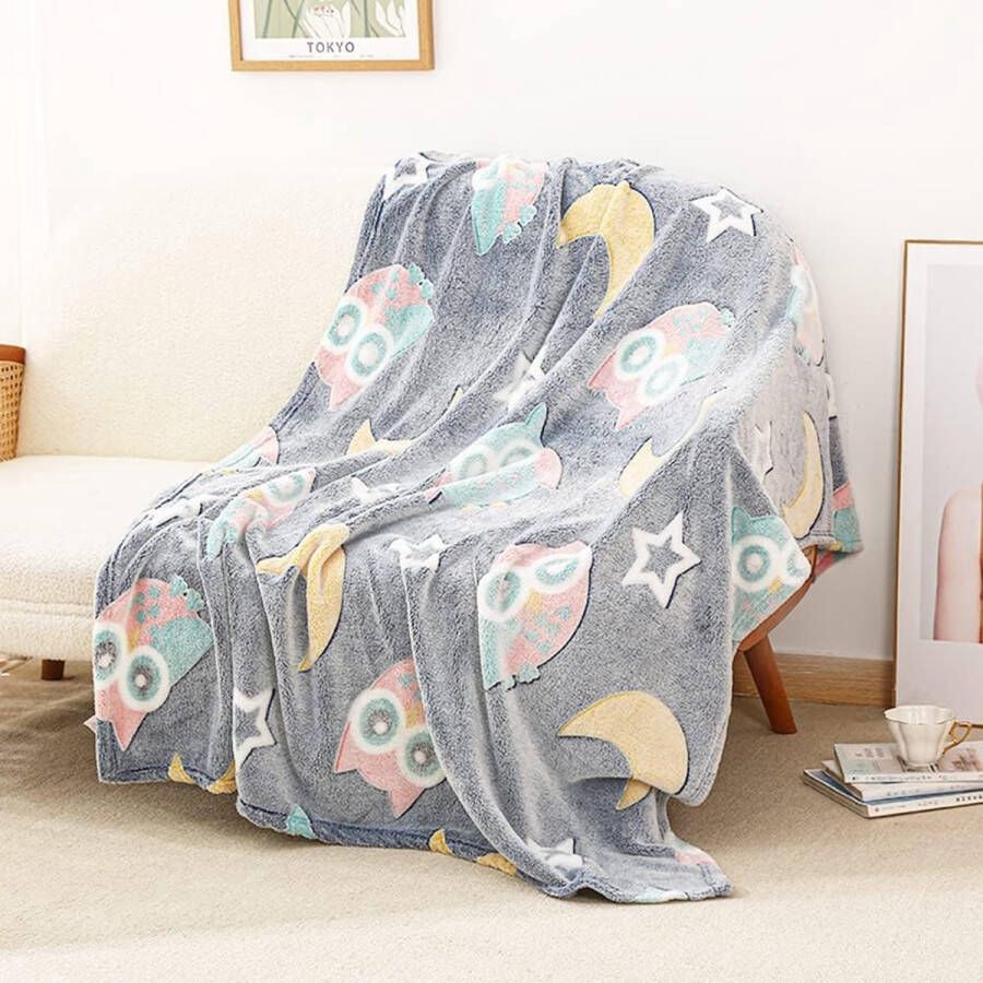Glow in The Dark Deken 120X150CM Zachte Flanel Fleece Deken All Season Deken voor Kinderen Zachte Warme Fleece Materiaal Bed Gooi voor Jongens Meisjes Cartoon Uil Deken