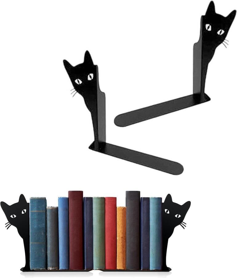 Glurende kat metalen boekensteunen schattige kattenboekensteunen voor planken boekenplanken decoratieve objecten thuiskantoor bureau boekenplankdecoratie Boekensteunen Boekenstandaard Boekensteun Boekenhouder Zwarte