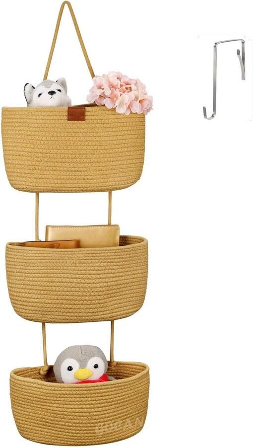 GOCAN Hanging Organizer for Wall 3-Step Hanging Basket Made of Cotton Rope for Storing Children's Room Bathroom and Bedroom
