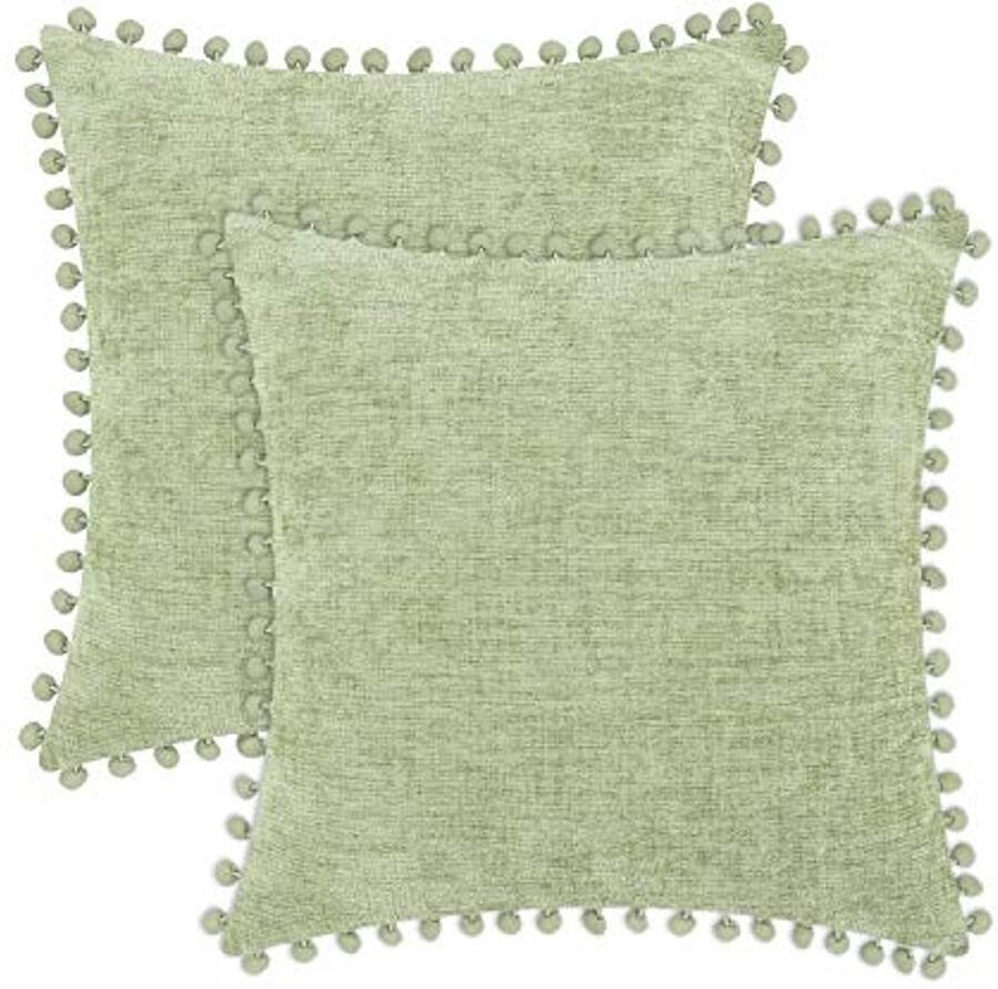 Goede Kussenhoezen Set van 2 – Zachte Chenille Kussens met Pompoms voor Bank en Huisdecoratie 18x18 Saliegroen