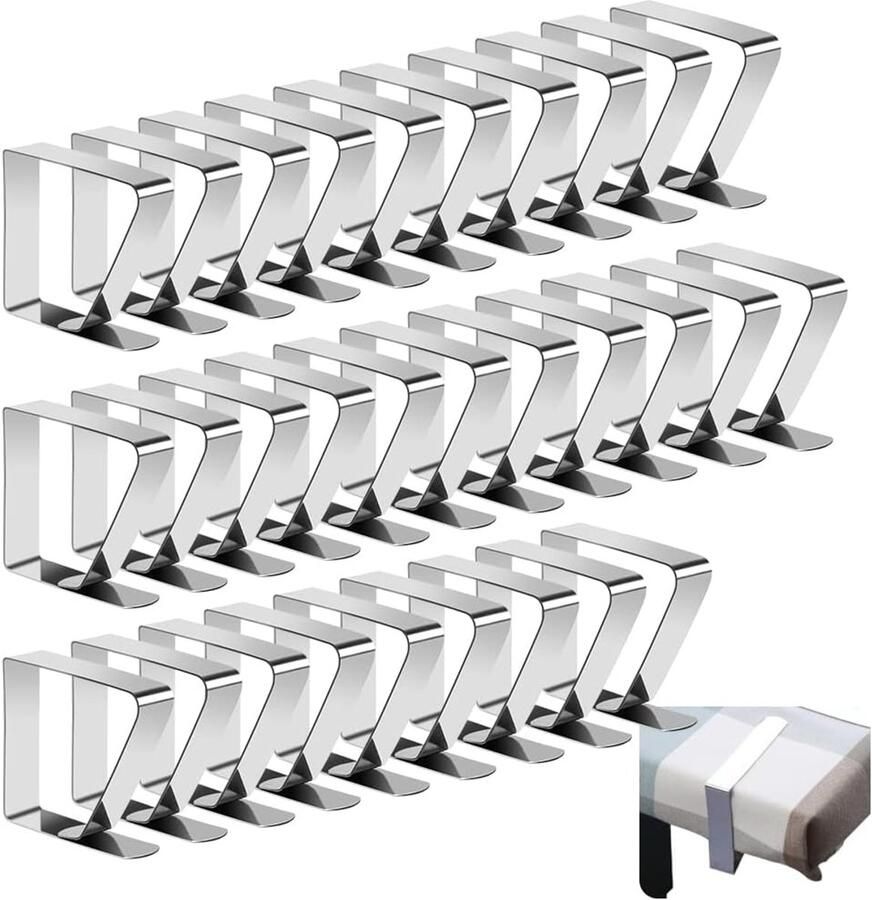 Gohytal 30 stuks tafelkleedklemmen roestvrij staal tafelkleedklemmen verdikt tafelkleedclips tafelkleedhouder metaal tafelkleedklem voor dikke tafels tuintafel bruiloftsdecoratie zilver