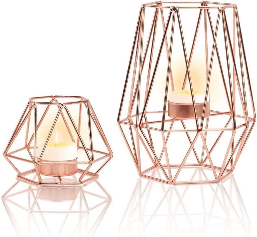Gohytal Theelicht kandelaar 2 stuks geometrische kaarshouders van metaal roségoud vintage theelichthouder eettafel decoratie bruiloft communie woonkamer Kerstmis