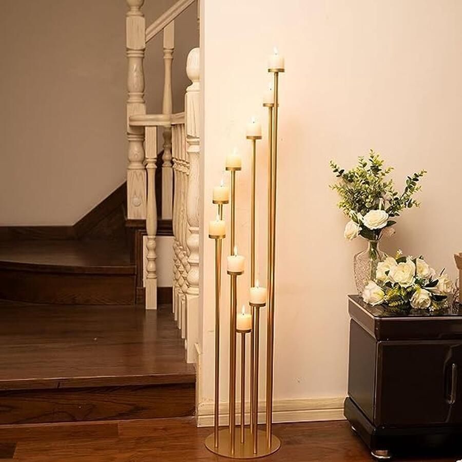 Golden Candle Holder Pillar Candle Gold Metal 9 Arming Candle Holder Pillar Candle Holder for Wedding Dining Table Centrepiece Decoration Living Room Christmas Decoration 117.5 cm