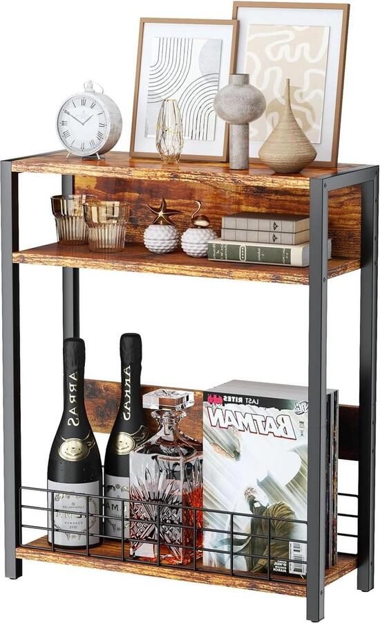 Kleine bijzettafel met tijdschriftenhouder 3 etages smalle bijzettafel met opbergrek moderne salontafel voor smalle ruimtes nachtkastje voor woonkamer slaapkamer bruin Coffee Table Tray