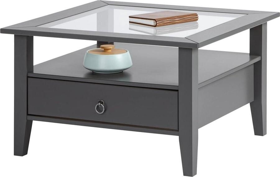 Goodfinds Salontafel van massief grenen met glasplaat Koffie tafel Grijs gelakt Woonkamer 75 x 75 x 45 cm 18 KG