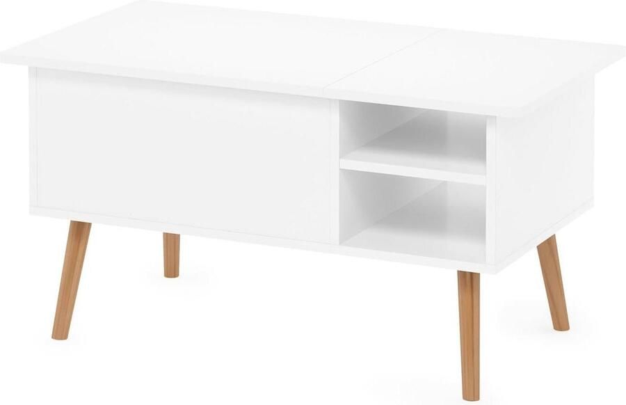 Goodfinds Salontafel Verborgen compartiment en open zijwaartse opbergplank Houten poten Furino Jensen Lift Top Salontafel Wit Massief Hout 14 kg 45 x 90 x 46 cm