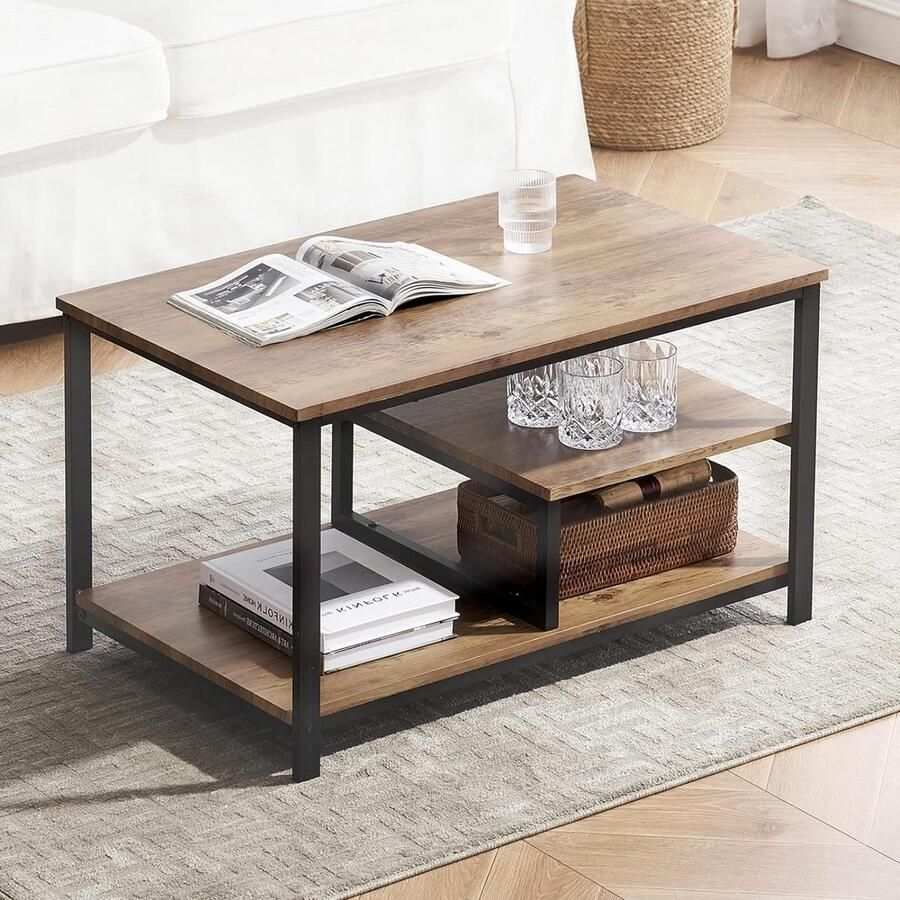 Goodfinds Tafel Industriële salontafel met open opbergvak Moderne centrale tafel Woonkamer houten tafelblad Metalen frame Rustiek bruin Mat zwart 80 x 49 cm MAX 100KG
