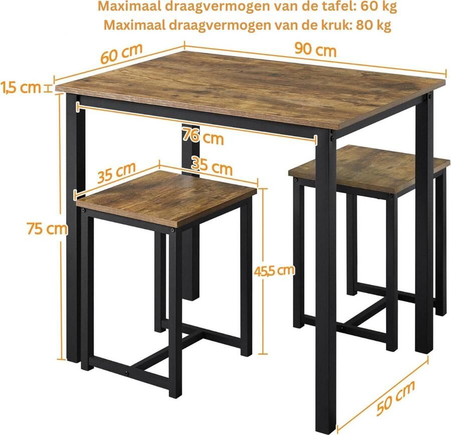 Goodivery Bartafel met barstoelen Bartafelset Krukken Bistrotafel Eettafel Keukentafel Houten Eetset Bruin 90x60cm