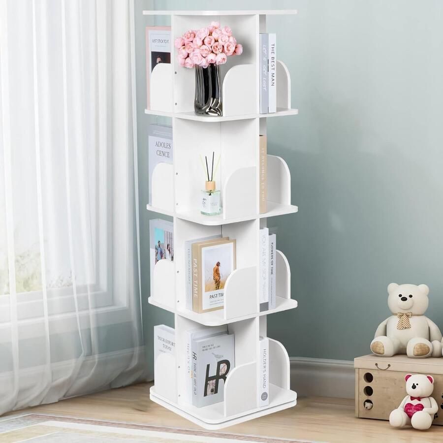 Goodivery -Boekenkast 4-laags draaibare boekenkast Boekenorganizer voor slaapkamer 47D x 23W x 45H cm Wit