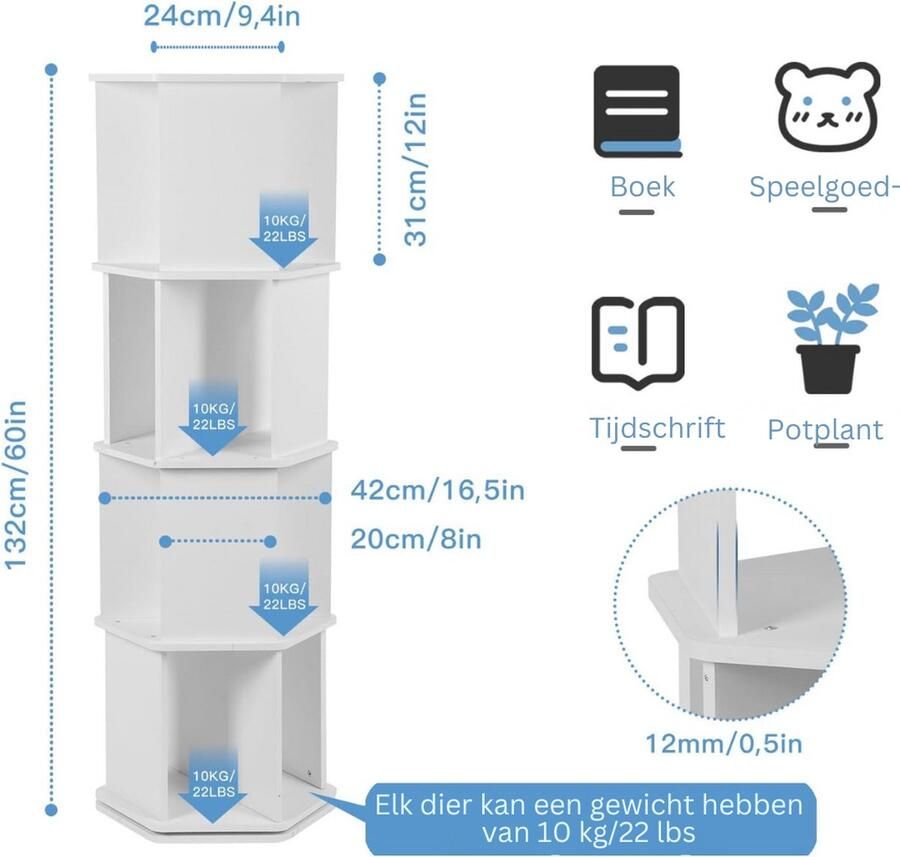 Goodivery Draaibare boekenkast Kantoor plank Draaibare kantoorplank Helder wit 43D x 43W x 133H