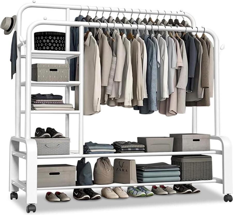 Goodivery Kledingrek op wielen Kledingrailrollen Stabiel kledingrek met wielen Wit 45D x 150W x 150H