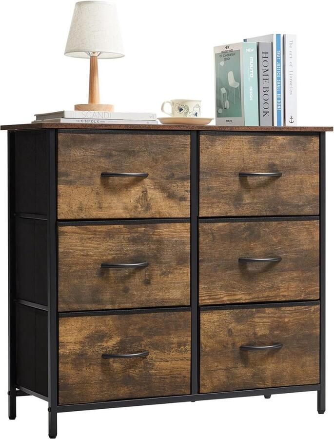 Goodivery ladenkast 6 stoffen ladekasten Stalen frame houten blad 30D x 80W x 73.7H cm rustiek