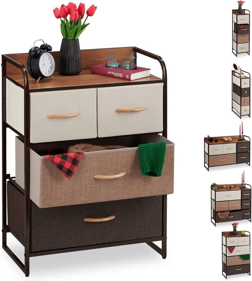 Goodivery ladenkast Opvouwbare manden 4 Stoffen kast 31.5D x 58W x 79H cm Wit Bruin Beige