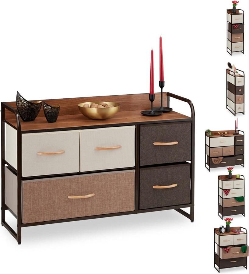 Goodivery ladenkast Opvouwbare manden 5 Stoffen kast 31.5D x 87.5W x 58H cm Wit Bruin Beige