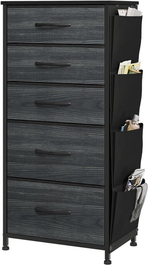 Fabric Dresser Storage Drawers 5 Drawer Chest for Bedroom with Handles Metal Frame Perfect for Living Room Hallway Black Wood Grain - Foto 2