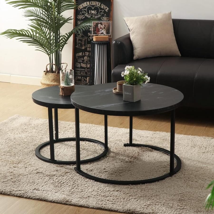 Goodivery salontafels Houten salontafel Moderne bijzettafelset met metalen frame ‎70 x 70 x 45 cm Zwart