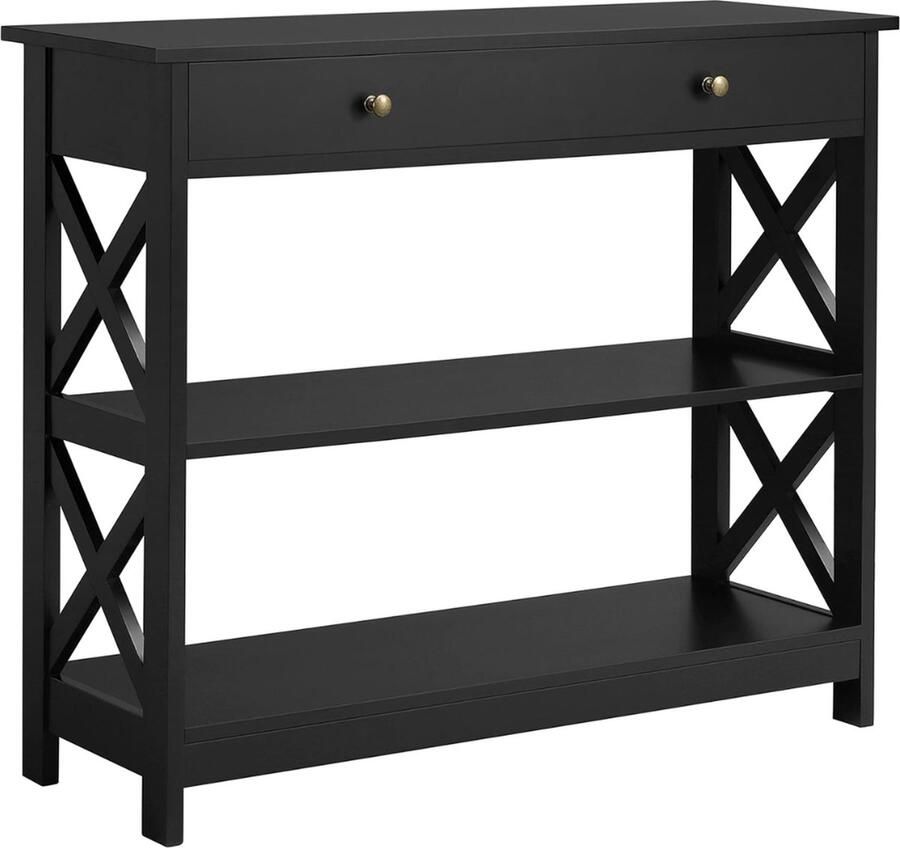 Goodivery -wandtafel Haltafel met lade en 2-laags planken Salontafel met stevig X-frame 100 x 30 x 80 cm Zwart