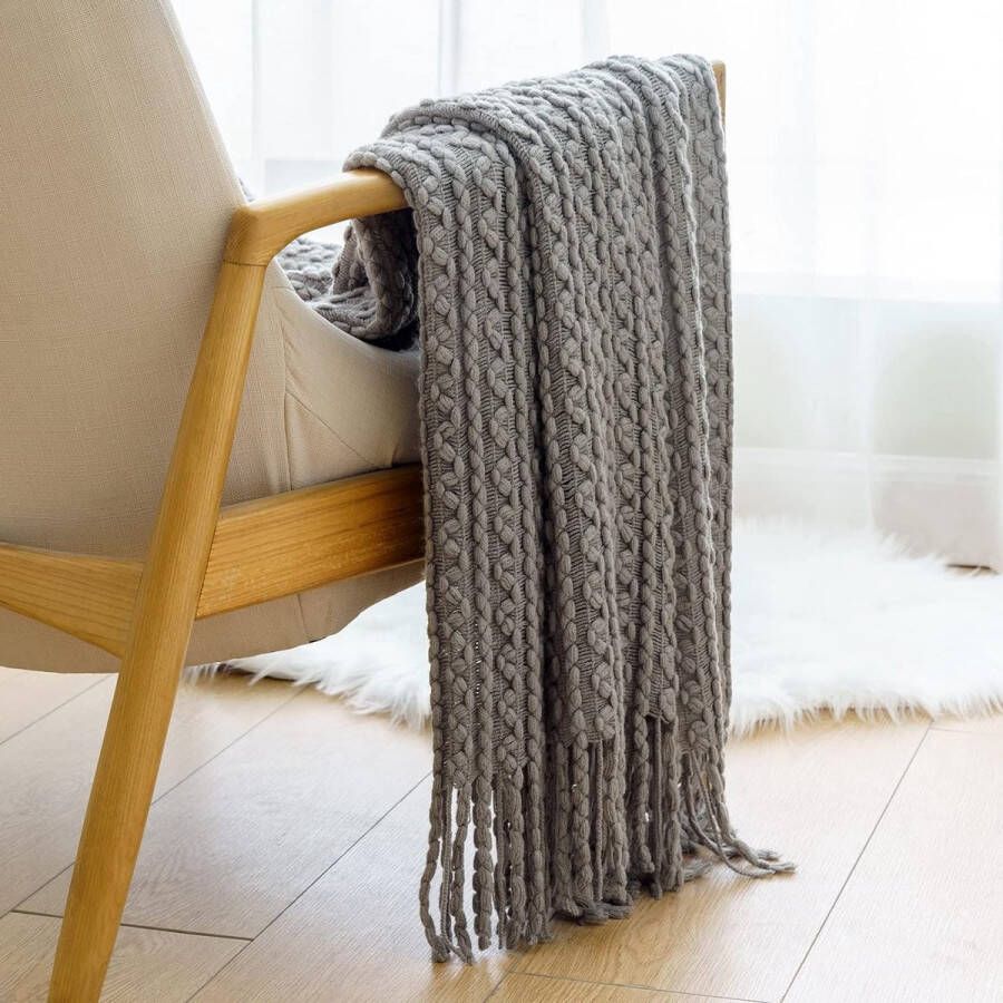 Gooi Deken Boheemse stijl gebreid met franjes kwasten sjaal effen gezellig handgeweven gestructureerd warm luxe decoratief voor sofa stoel bed bank 125 x 150 cm grijs