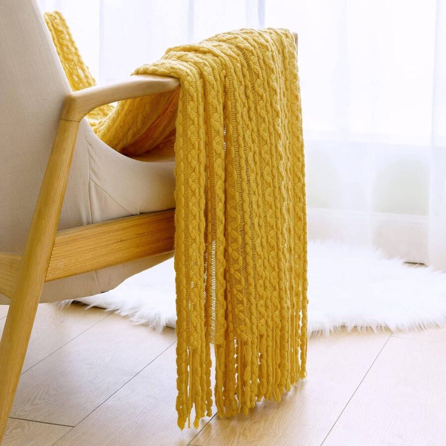 Gooi Deken Boheemse stijl gebreid met franjes kwasten sjaal effen gezellig handgeweven geweven getextureerd warm luxe decoratief voor sofa stoel bed bank 125 x 150 cm geel