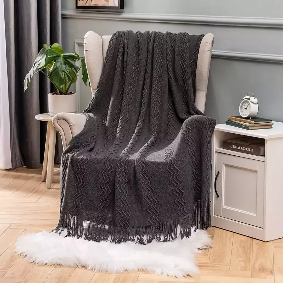 Gooi deken voor sofa stoel bed bank cover slaapkamer gebreid met franjes kwasten sjaal solide gezellige getextureerde warme luxe decoratieve MIULEE 153x127cm inch bruin