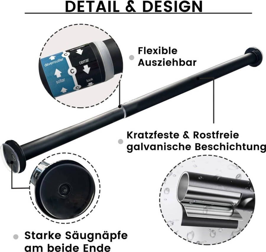 Gordijnroede zonder boorspanning 140-250 cm uitschuifbare heavy-duty telescopische gordijnroede met zuignap voor keuken kast badkamer raam zwart