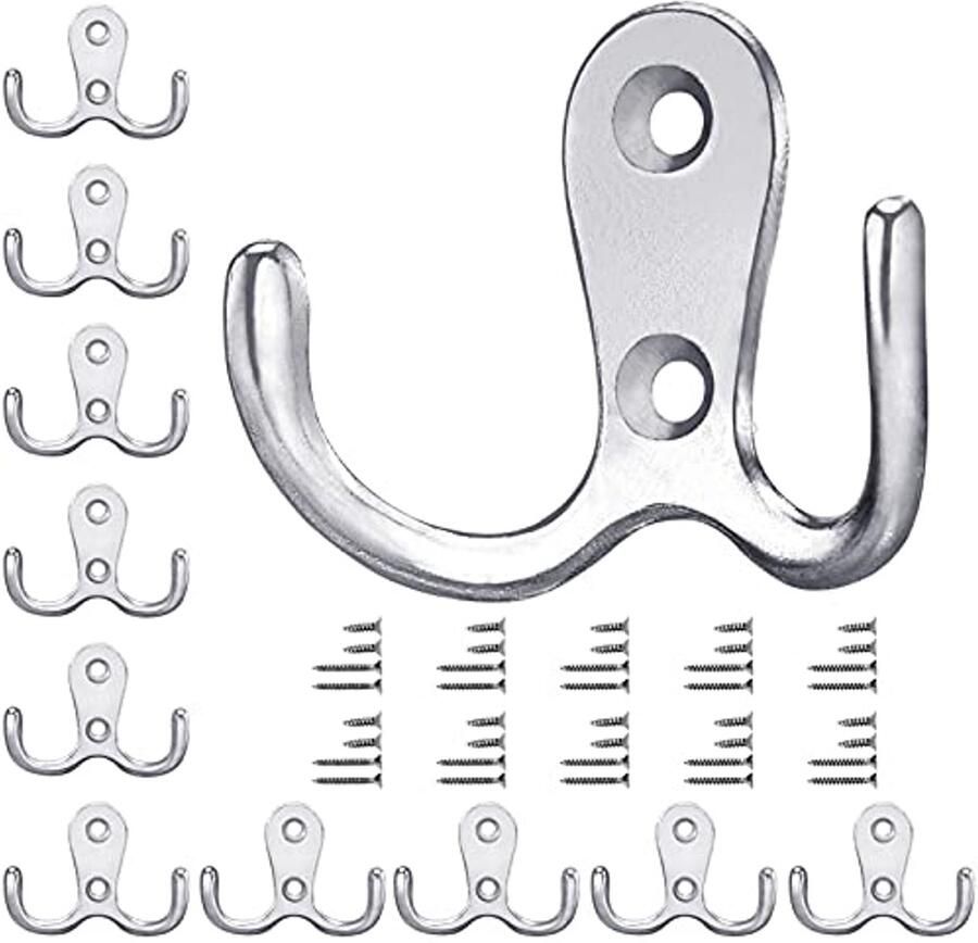 Gorffy zilveren kapstokken 10 stuks vintage kapstokken met schroeven metalen dubbele haken muurhaken muurkapstokken voor badkamer keuken (zilver 10 stuks)