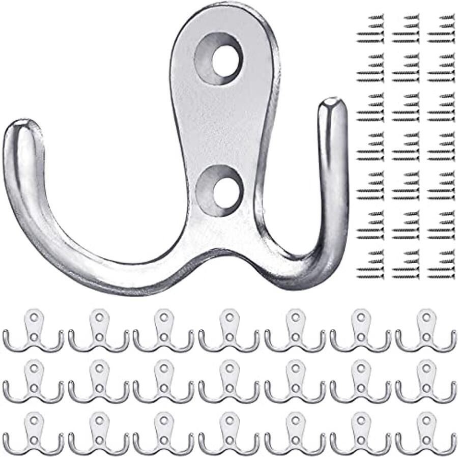 Gorffy zilveren kapstokken 20 stuks vintage kapstokken met schroeven metalen dubbele haken muurhaken muurkapstokken voor badkamer keuken (zilver 20 stuks)