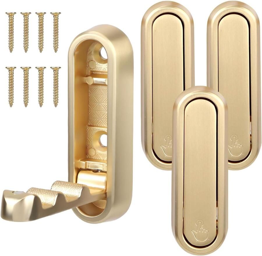 Gosknor 4pcs Foldable Gold Wall Hooks Robust Foldable Clothes Hangers for Bathroom Kitchen Cabinet Hallway and Pool Zinc Alloy Wall Hooks for Hanging Towels Bathrobes Bags Keys