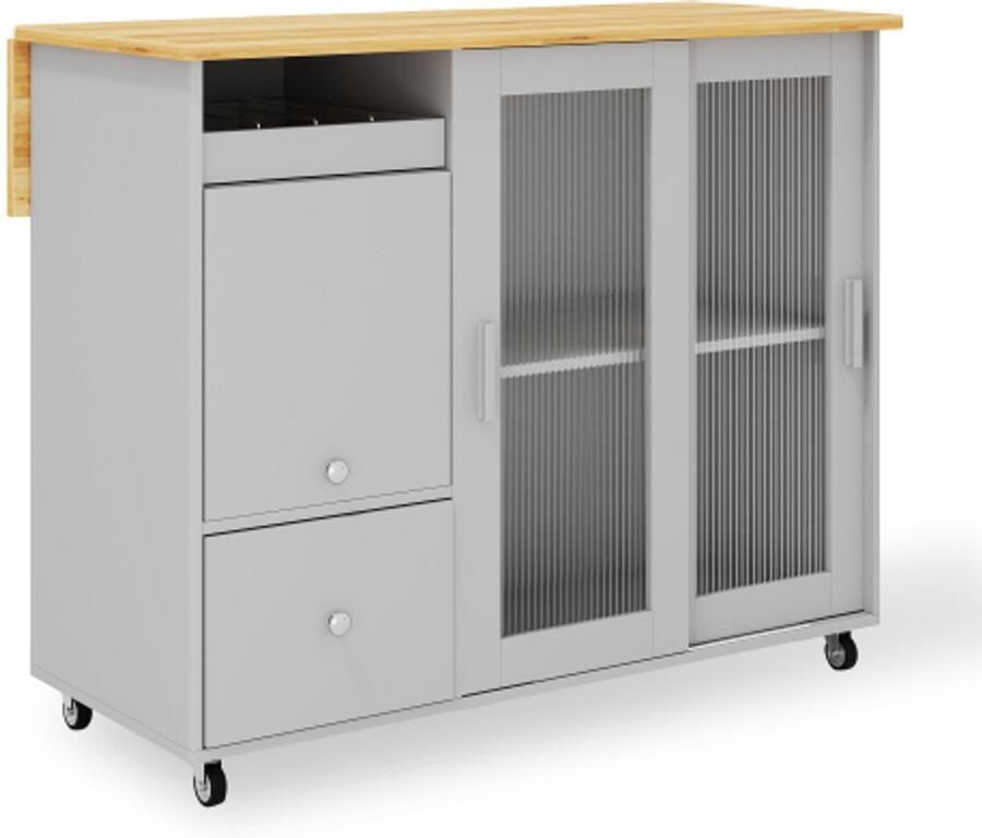 Gotagee 112×46(69)×91cm opvouwbare keukeneilandwagen eikenfineer wijnrek laden grote keukeneilandwagen met schuifdeuren van gehard glas en verstelbare planken mobiele eilandwagen