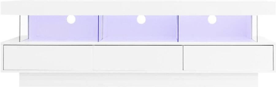 Gotagee 160x38x50 5cm witte hoogglans tv-kast met 3 glazen vakken ledverlichting app-bediening Bluetooth-verbinding voor 70 inch tv