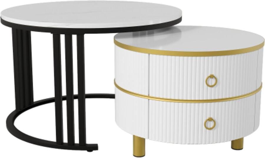 Gotagee 2-in-1 ronde MDF salontafel bijzettafel met glanzend blad en 1 wit marmeren blad salontafelcombinatie voor in de woonkamer met 2 lades 70*70*46 + 50*50*40 cm