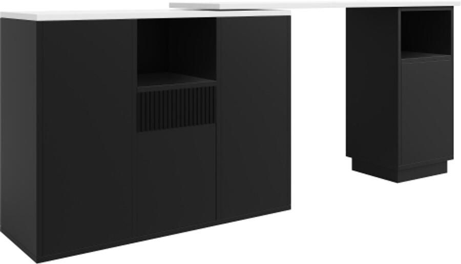 Gotagee 360° draaibare bartafel (hoofdgedeelte 198 5 x 30 x 75 cm) modern en eenvoudig met open opbergruimte en marmeren werkblad geschikt voor keuken woonkamer en eetkamer zwart