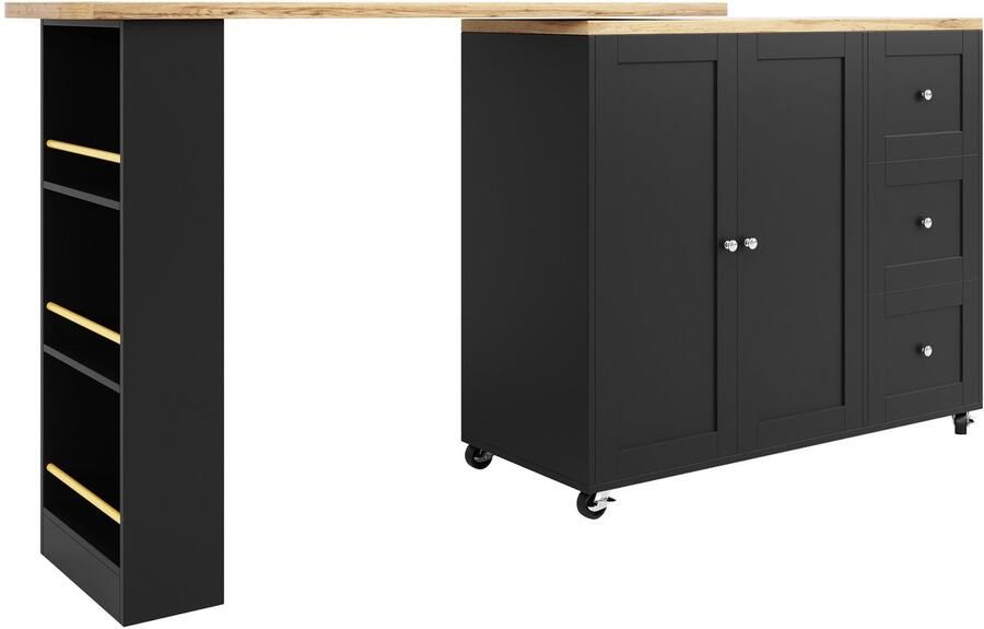 Gotagee 360° draaibare bartafel op wielen zwart met drie lades. Wordt geleverd met snackhouder. Multifunctioneel opbergeiland geschikt voor keuken en woonkamer