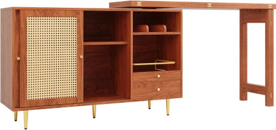 Gotagee 360° draaibare bartafel uitschuifbare design bartafel opbergkast met rotandeur + open opbergplank geschikt voor keuken en eetkamer